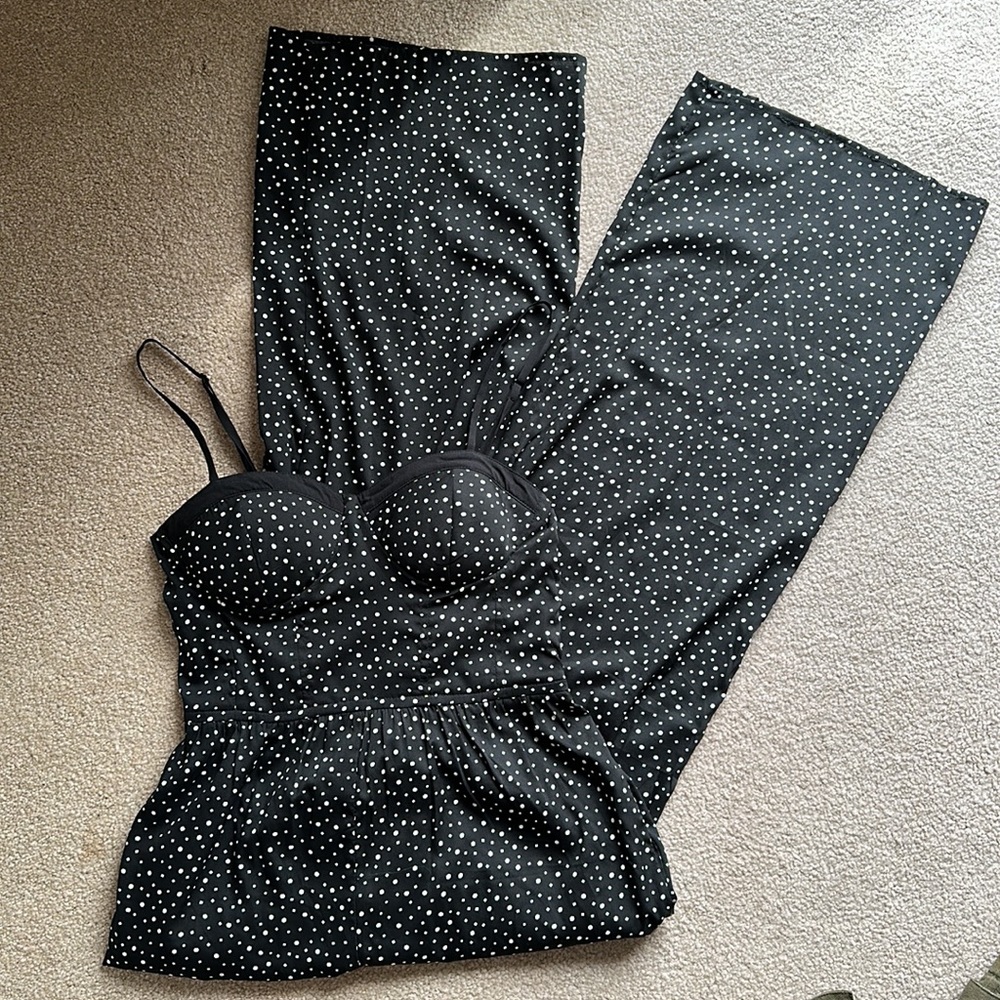 Black with White Polka Dots JumpSuit! Has pockets, adjustable straps, wide legs